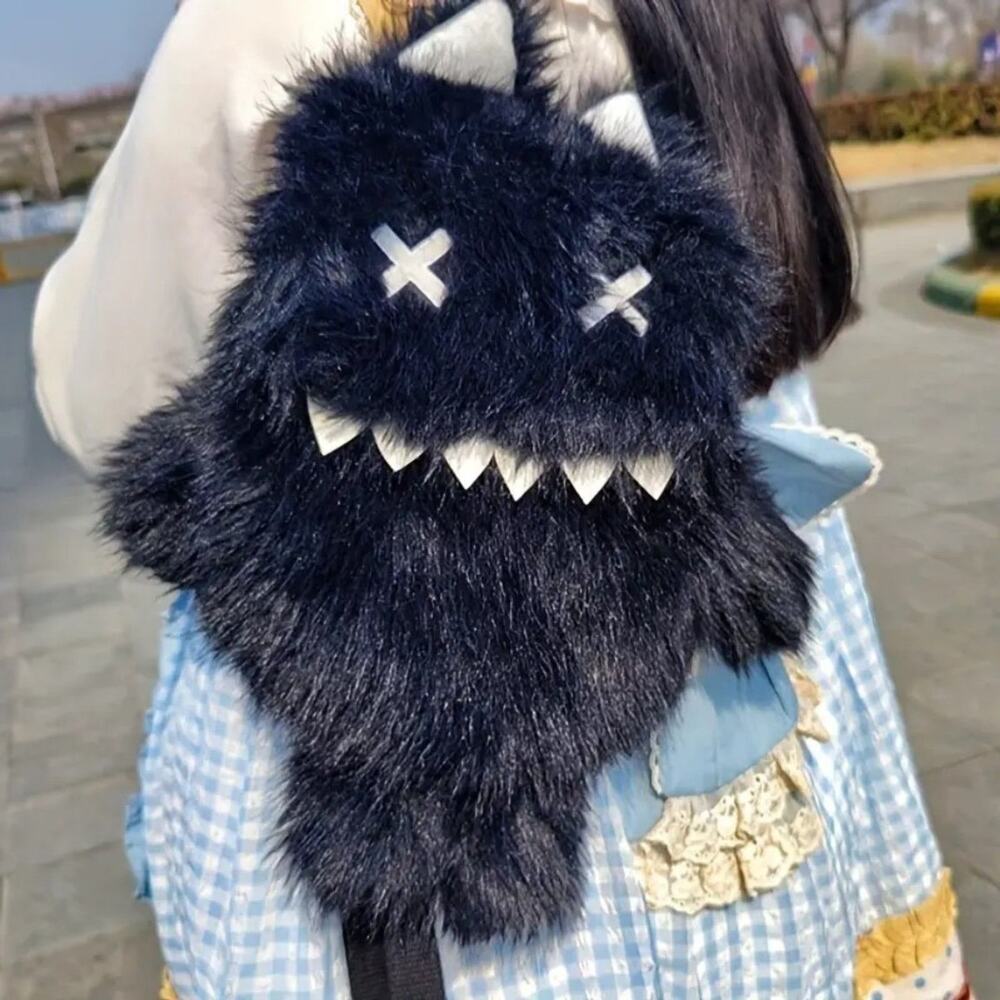 Plush Monster Backpack – Kawaii Furry Stuffed Animal Bag w/ Horns & Teeth -Black
